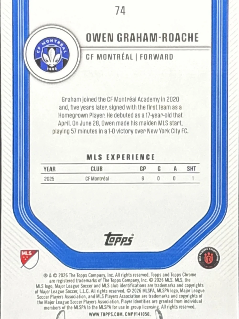 Topps Chrome CF Montréal Owen Graham-Roache Rookie Soccer Card